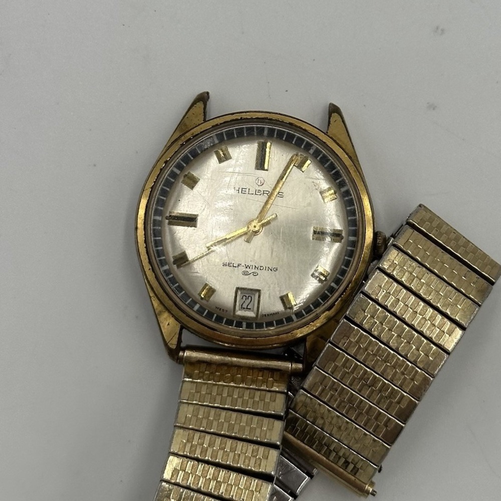 VTG 60s Helbros Self Winding Mechanical Watch DateJust For Parts Broken Gold Ton